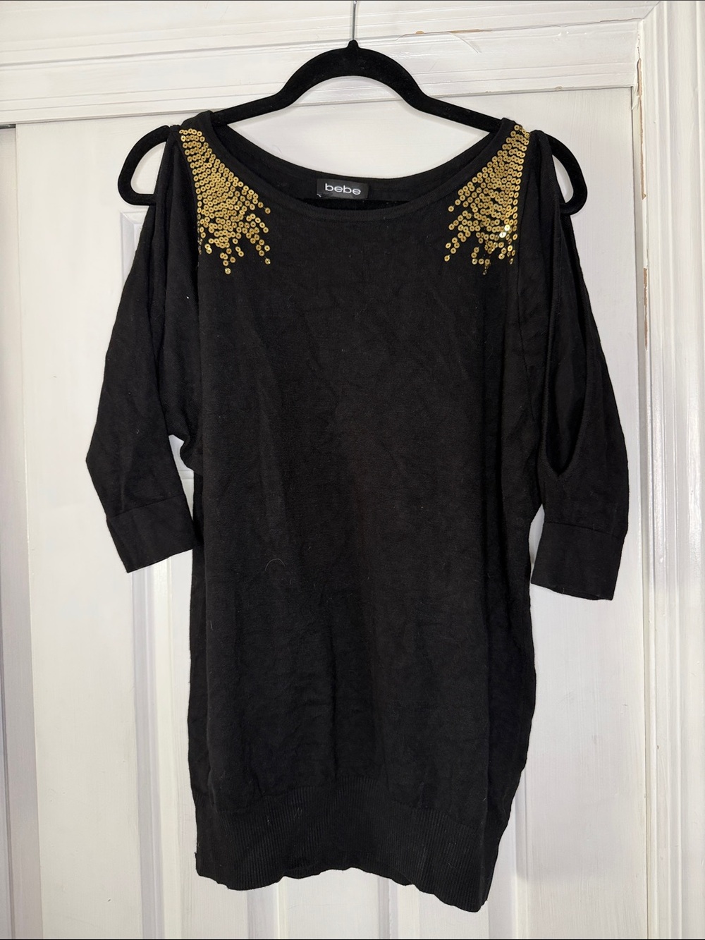 bebe Black Cold-Shoulder Sweater with Gold Sequin Shoulders